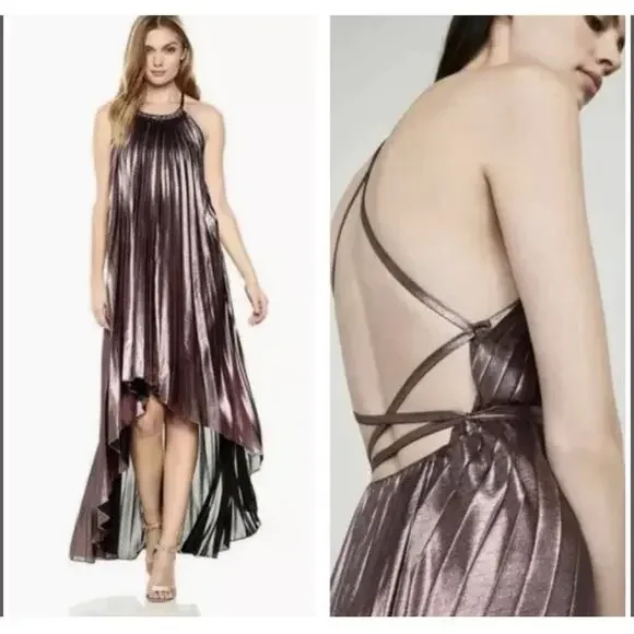 BCBG MAXAZRIA VALARIE Metallic Pleated Halter Gown Hi-Low Dress Size M NWT $368 - Picture 2 of 11